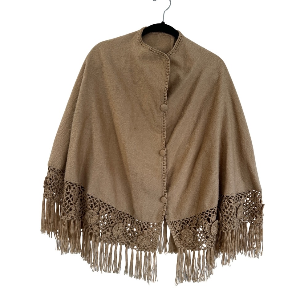 Alpaca Camargo Tan Wool Poncho Cape Crochet Lace Fringe Button Front Wrap